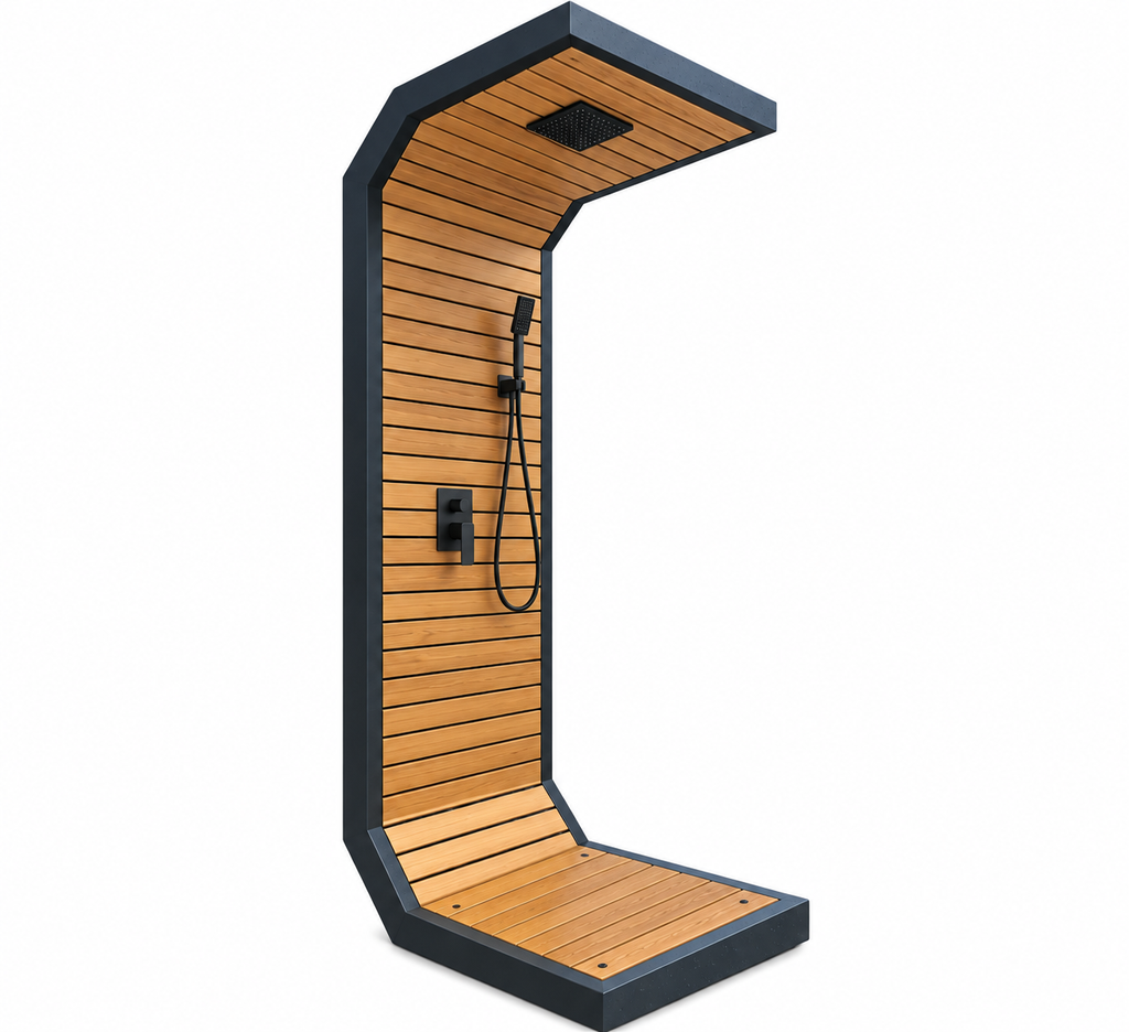 Nordic QUBE Outdoor Shower – Wood, Steel & LED Lighting