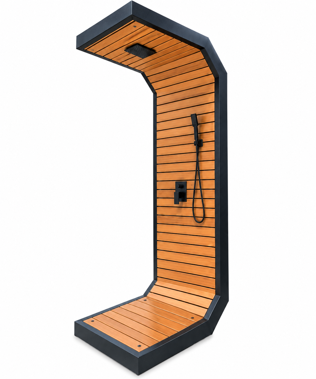 Nordic QUBE Outdoor Shower – Wood, Steel & LED Lighting